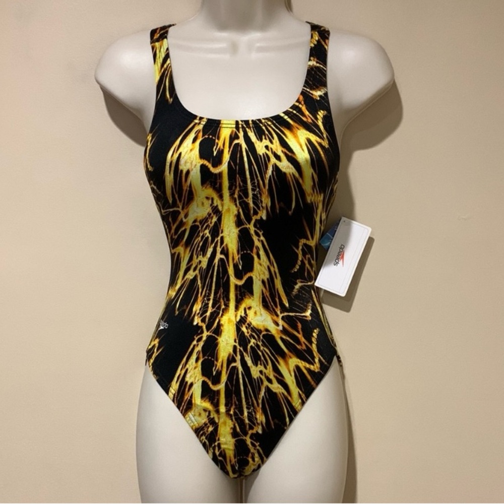 Speedo Gold and Black One Piece Xtra Life Lycra Swim Suit - Sizes 00-2 - 90s/Y2K